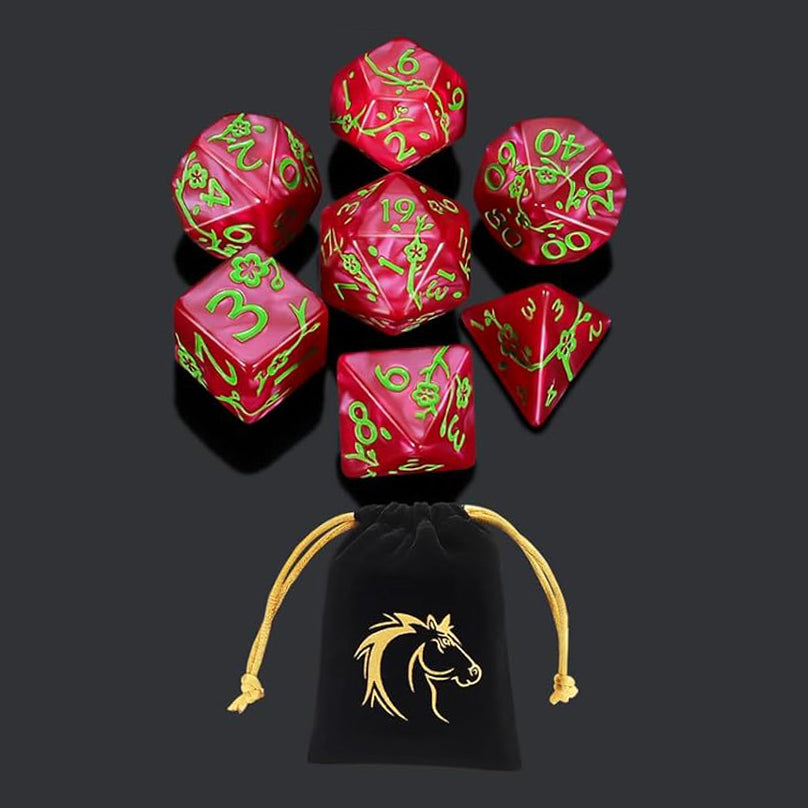 梅花雕刻花紋骰子 - 紫紅色+綠字(附骰袋 - 馬)