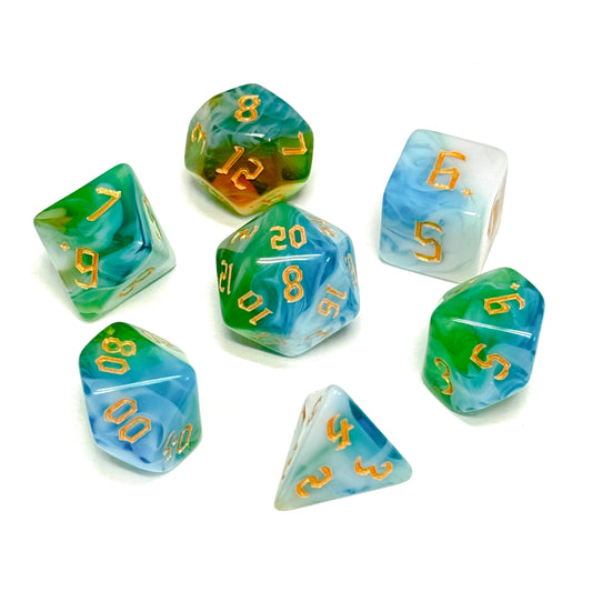 混色流水紋骰子 - 透明綠、藍、乳白、透明黃（附骰袋）