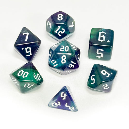混色流水紋骰子 - 暗紫藍、暗透明綠（附骰袋）