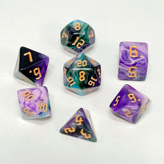 混色流水紋骰子 - 深綠、紫、粉紫（附骰袋）